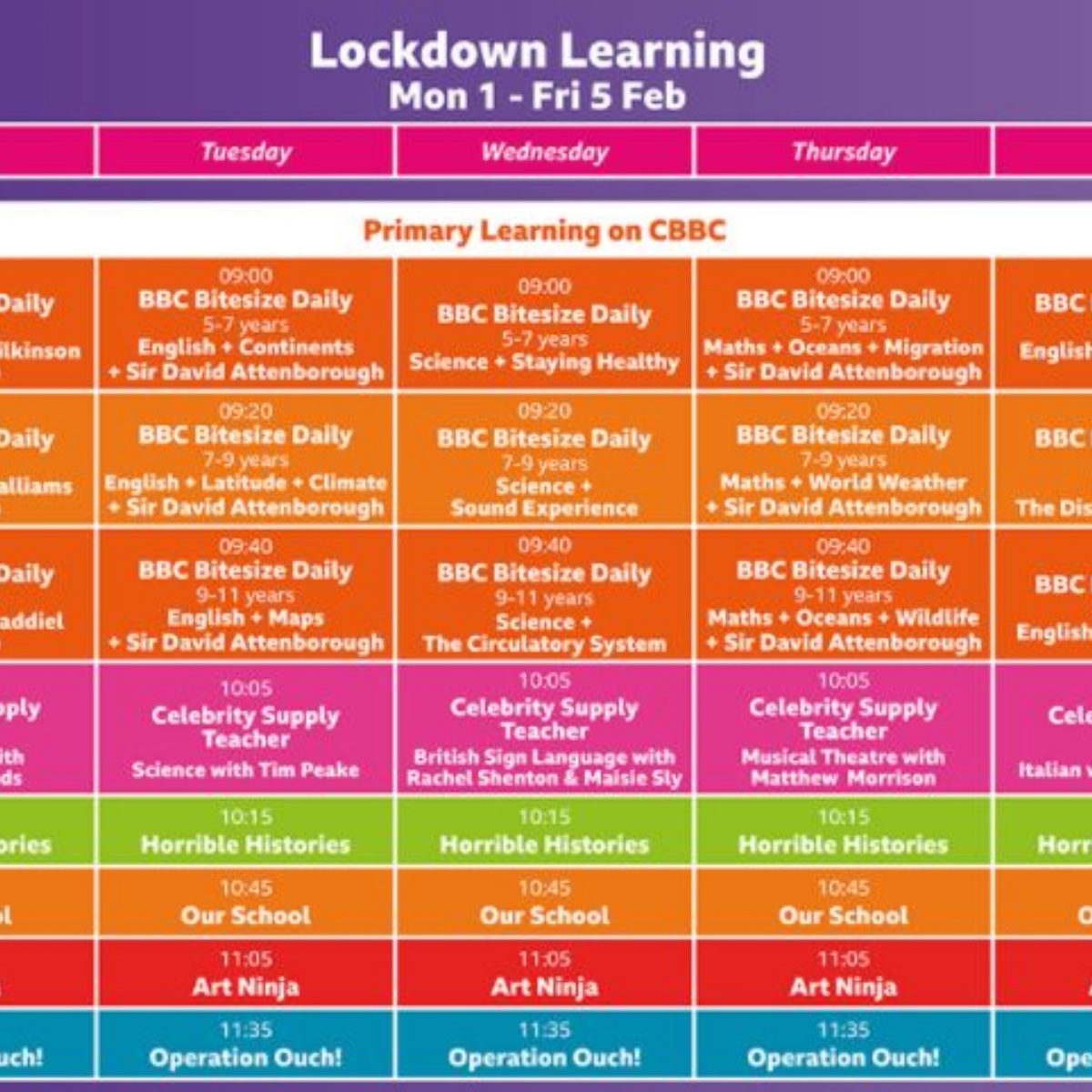 Westlands Primary School CBBC Lesson Schedule 15 Feb 21